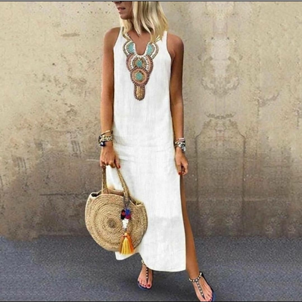 ☘NWT BEAUTIFUL WHITE SLEEVELESS LINEN SUMMER DRESS